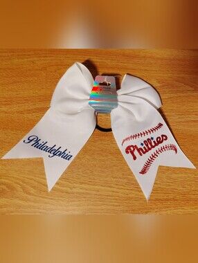 White BOW W/Elastic Hair Tie PHILADELPHIA PHILLIES Glitter Themed Red White Blue